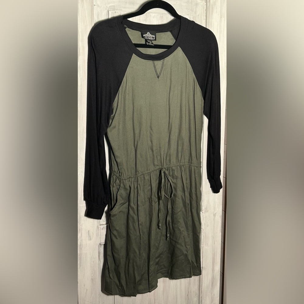Angie Olive and Black Jersey Style Drop Waist Dress,Pockets,Drawstring